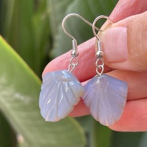 Hand carved grey blue chalcedony silver plated drop hoop earrings
